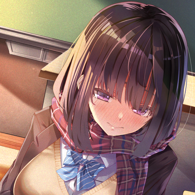 Anime girl with shoulder-length dark hair and purple eyes, wearing a school uniform and scarf, portrayed in a softly lit classroom setting as a forum avatar.