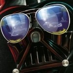 Forum avatar/pfp: stylized Darth Vader helmet wearing mirrored aviator sunglasses that reflect starry, cinematic scenes — Star Wars movie vibe.