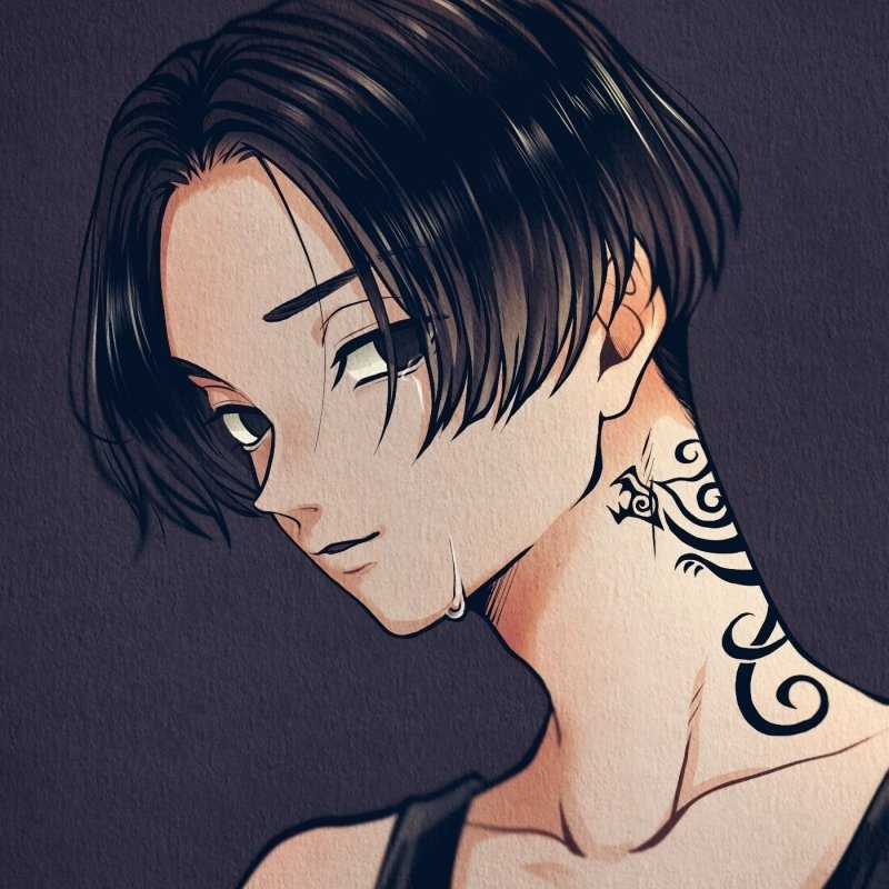 Anime-style profile image of a Tokyo Revengers character with black hair, a distinctive neck tattoo, and a contemplative expression against a dark background.