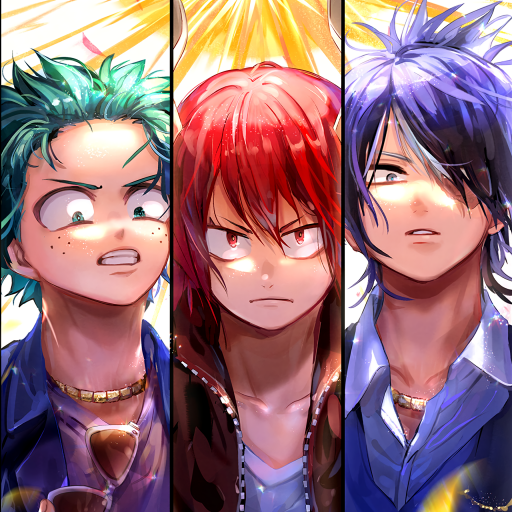 Anime-style forum avatar featuring three intense characters from My Hero Academia with vibrant hair colors and dynamic lighting effects.