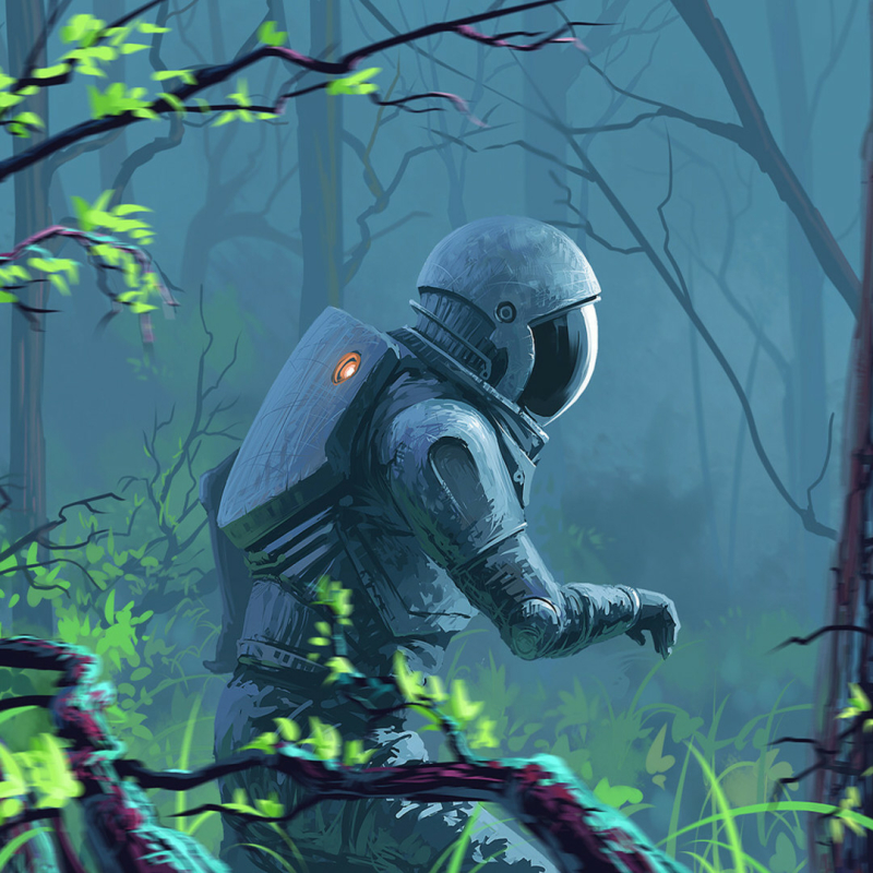 Astronaut walking through an alien jungle by Roman Avseenko