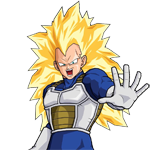 Anime-style Dragon Ball character with spiky golden hair, wearing battle armor, striking a confident pose with an outstretched hand.