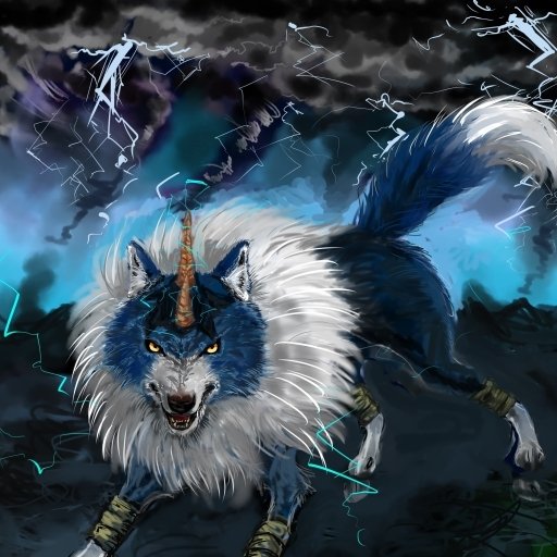 Anime forum avatar: blue horned wolf with white mane and yellow eyes amid stormy lightning — That Time I Got Reincarnated as a Slime.
