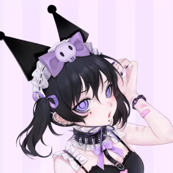 Anime-style avatar featuring Kuromi from Onegai My Melody, with black jester hat, purple eyes, and gothic lolita outfit accented by bows and skull motifs.