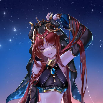 Forum avatar of Nilou (Genshin Impact), video game character, smiling with eyes closed in a jeweled outfit and hooded cloak against a starry twilight sky.