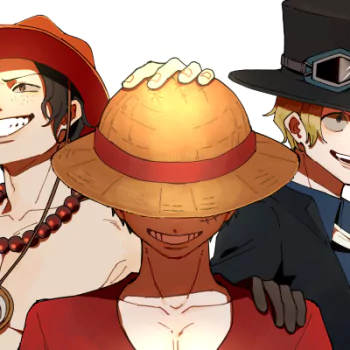 One Piece anime forum avatar: cropped pfp showing three smiling characters — center with straw hat, left with red beads (Ace), right in a top hat (Sabo).