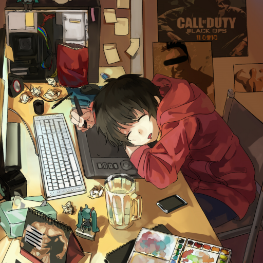 Anime boy avatar showing a young dark-haired boy in a red hoodie asleep on a desk cluttered with art supplies, a keyboard, and a smartphone in a cozy room.