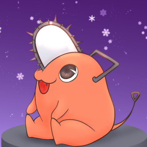 Forum avatar of Pochita (Chainsaw Man) — anime-style round orange creature with a chainsaw head, big eye and tongue out, sitting against a purple, snowflake-speckled background.