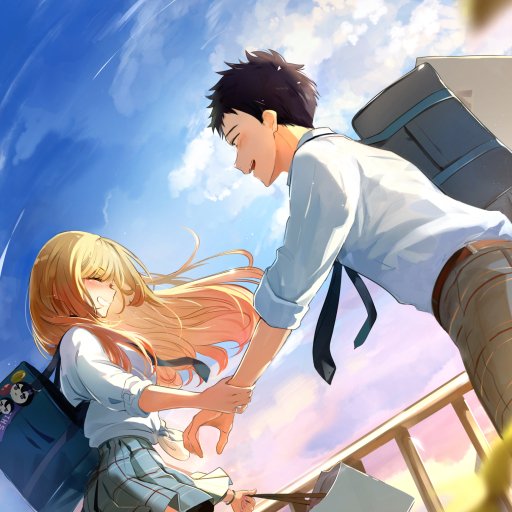 Anime forum avatar of Marin Kitagawa and Wakana Gojo from My Dress-Up Darling, smiling and holding hands on a sunlit rooftop under a bright blue sky.