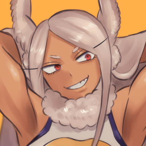 Forum avatar of Mirko (My Hero Academia): close-up of a grinning rabbit-eared hero with white hair and red eyes against an orange background.