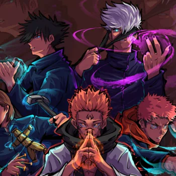 Anime-style Jujutsu Kaisen characters in dynamic poses with glowing magical effects, featuring intense expressions and dark, atmospheric background.