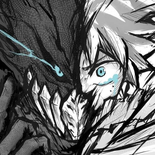 Close-up black and white anime-style avatar of Izuku Midoriya from My Hero Academia, featuring intense blue eyes and dynamic brush strokes on half of his face.