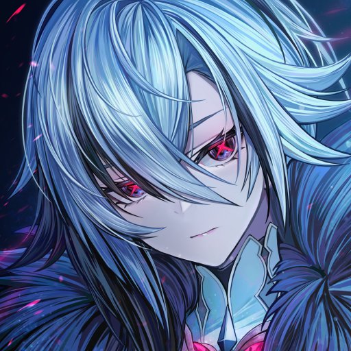 Forum avatar of Arlecchino (Genshin Impact): close-up anime-style portrait with pale blue hair, glowing red eyes and a dark fur collar, from the video game Genshin Impact.