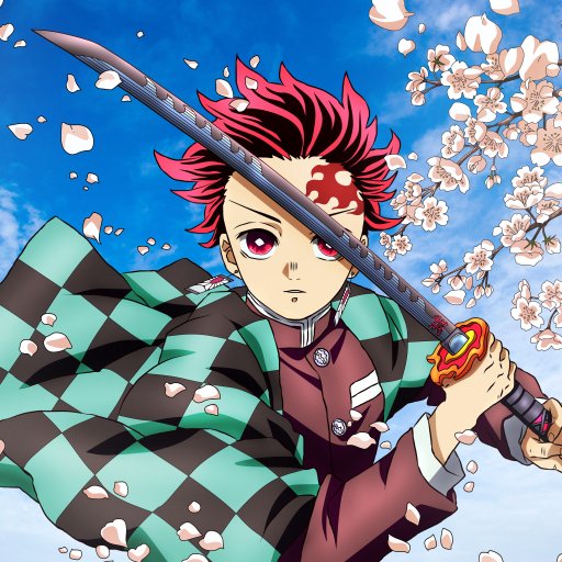 Anime avatar of Tanjiro Kamado from Demon Slayer: Kimetsu no Yaiba, holding a sword with cherry blossoms falling against a bright blue sky background.