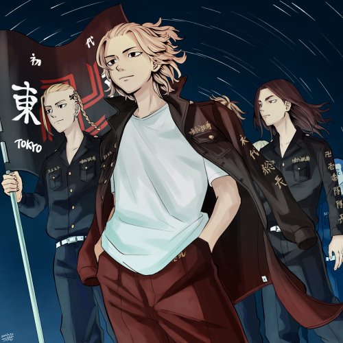 Anime-style forum avatar featuring three Tokyo Revengers characters in dark uniforms with a Tokyo flag and dynamic night sky background.