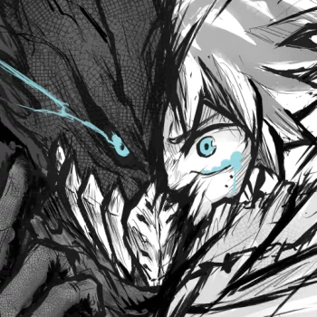 Close-up black and white anime-style avatar of Izuku Midoriya from My Hero Academia, featuring intense blue eyes and dynamic brush strokes on half of his face.
