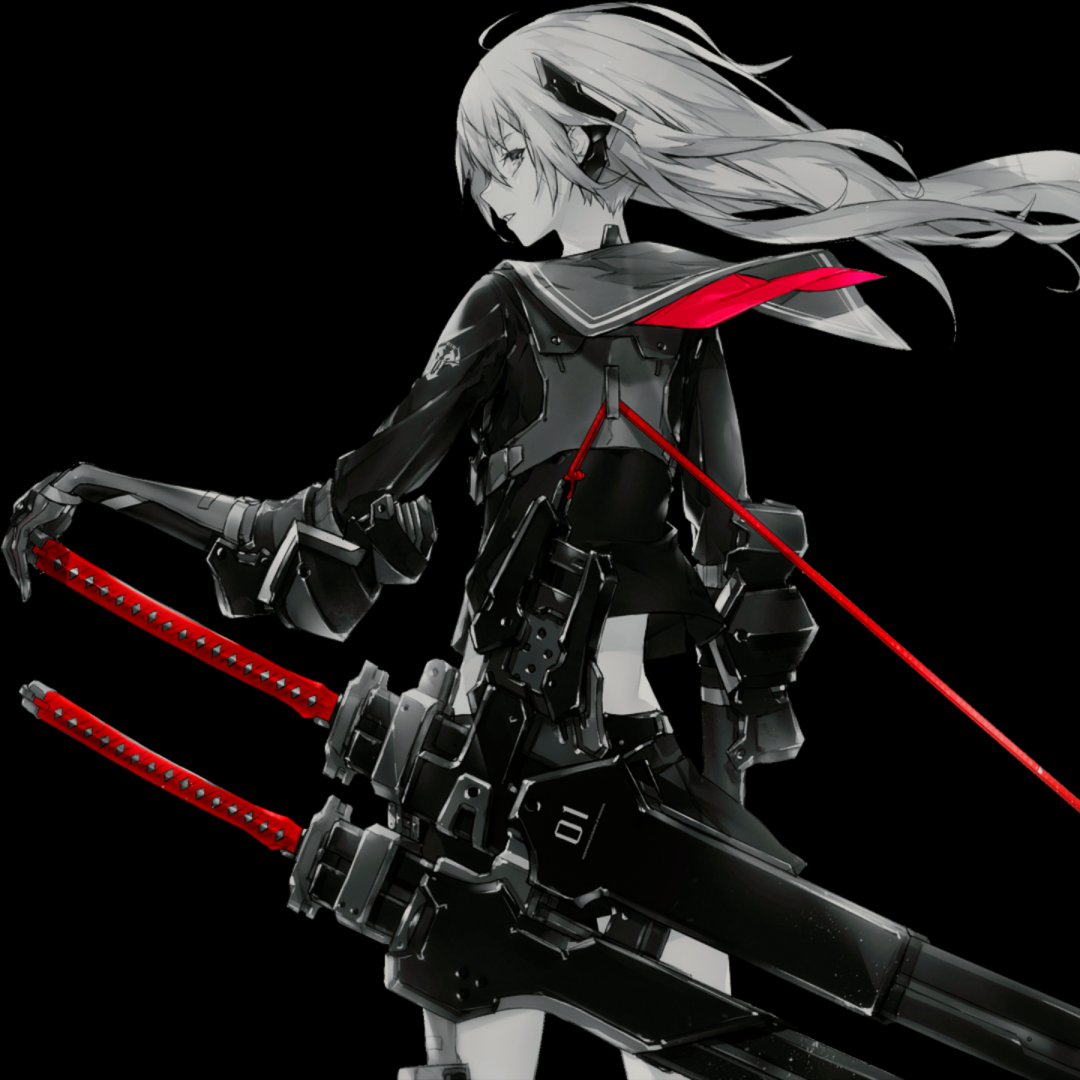 Anime girl forum avatar: monochrome warrior in a sailor-style outfit, long pale hair, dual red-bladed swords and red accents on a black background.