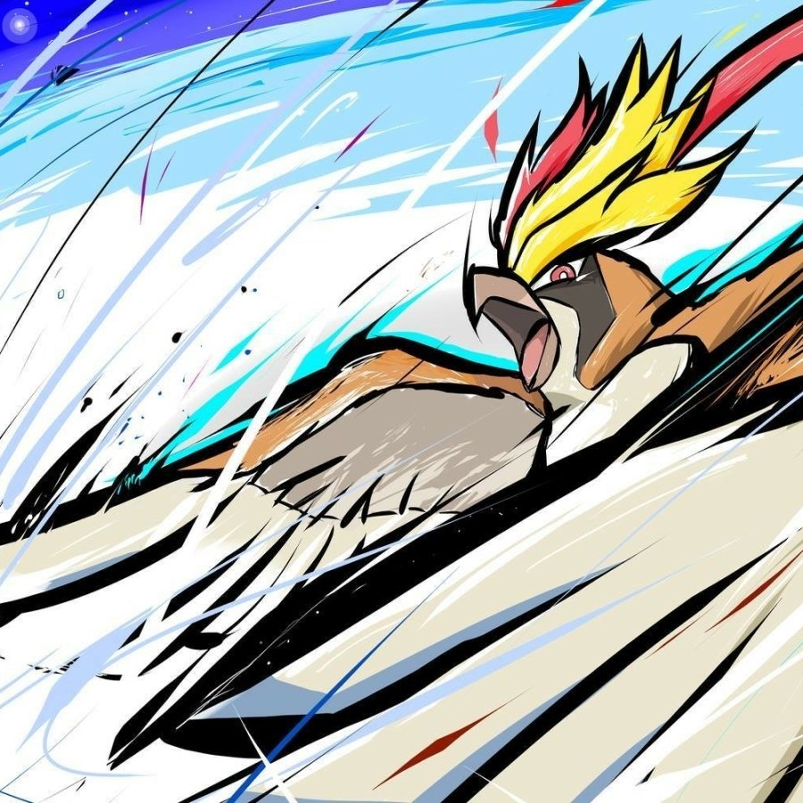 Forum avatar/pfp of Pidgeot (Pokémon) in bold, dynamic video game-style art, wings and fiery crest slicing through wind-streaked motion lines.