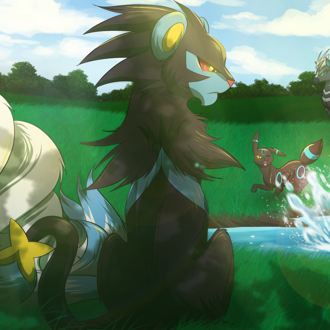 Anime-style Pokémon art used as a forum avatar/pfp: a dark, lion-like Pokémon sits by a stream while smaller Pokémon splash nearby in a sunny grassy field.