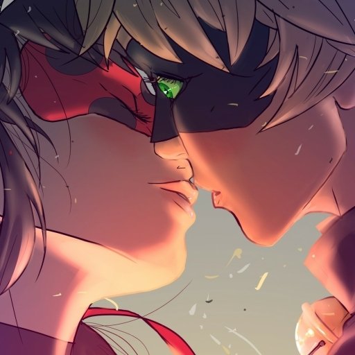 TV show Miraculous Ladybug fanart: forum avatar/pfp close-up of Ladybug and Chat Noir, masked faces inches apart in an intimate near-kiss.