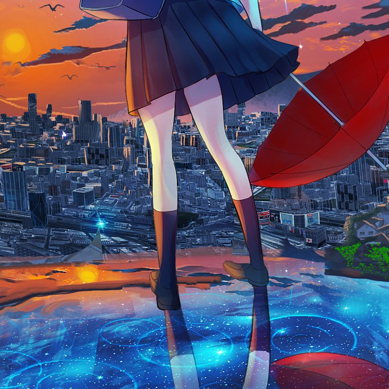 Anime girl avatar/pfp: lower half of a schoolgirl in a skirt and knee socks holding a red umbrella, reflected on a luminous pool above a sunset city skyline.
