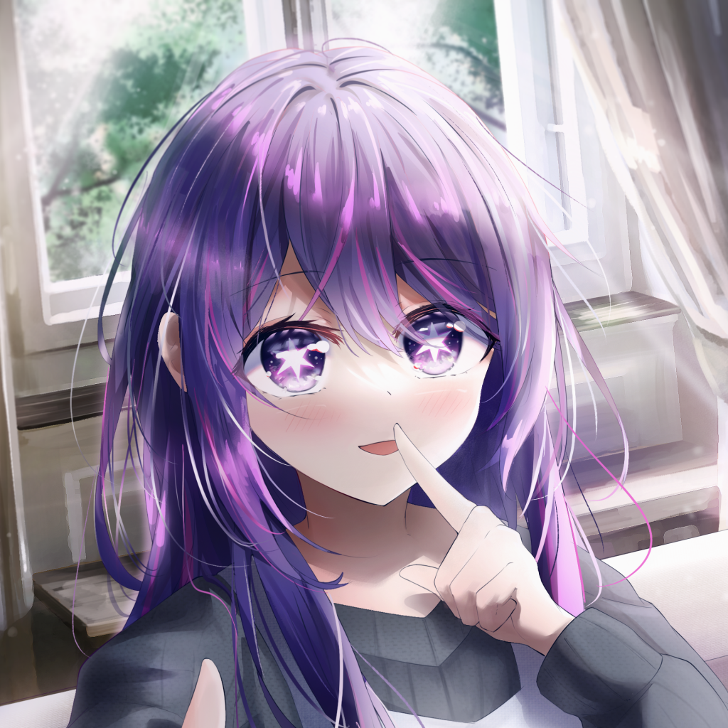 Forum avatar of an Oshi no Ko anime girl with long purple hair and starry purple eyes, finger to her lips, sunlight streaming through a window behind her.