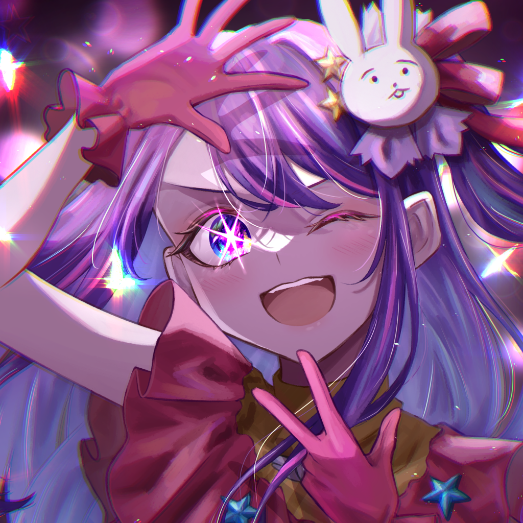 Bright anime avatar of an Oshi no Ko character — winking purple-haired idol with a starry eye, bunny hairpin, pink gloves, and a playful V-sign.