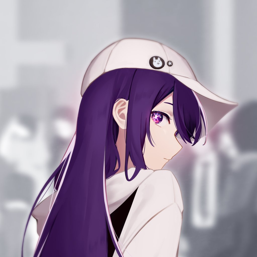 Anime Oshi no Ko pfp: purple-haired girl in a white cap glances over her shoulder, star-shaped magenta eyes, blurred crowd in the background.