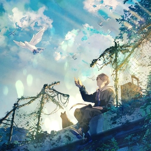 Anime boy sitting on a rooftop with a cat, reaching out toward a flying white bird under a bright, blue, and cloudy sky.