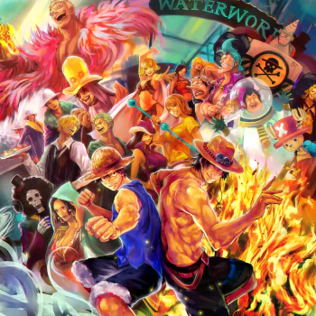 Anime One Piece forum avatar/pfp: vibrant collage of Luffy and the Straw Hat crew amid flames and waves, colorful high-energy profile image.