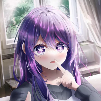 Forum avatar of an Oshi no Ko anime girl with long purple hair and starry purple eyes, finger to her lips, sunlight streaming through a window behind her.
