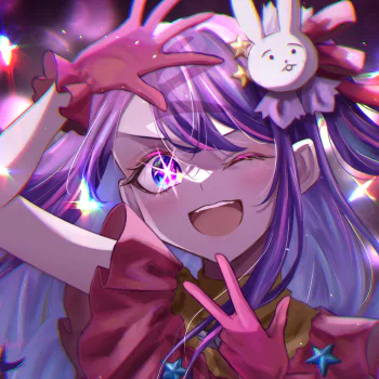 Bright anime avatar of an Oshi no Ko character — winking purple-haired idol with a starry eye, bunny hairpin, pink gloves, and a playful V-sign.