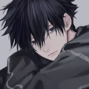 Anime Jujutsu Kaisen forum avatar: dark-haired young man with teal eyes and messy bangs, wrapped in a dark scarf, melancholy expression.