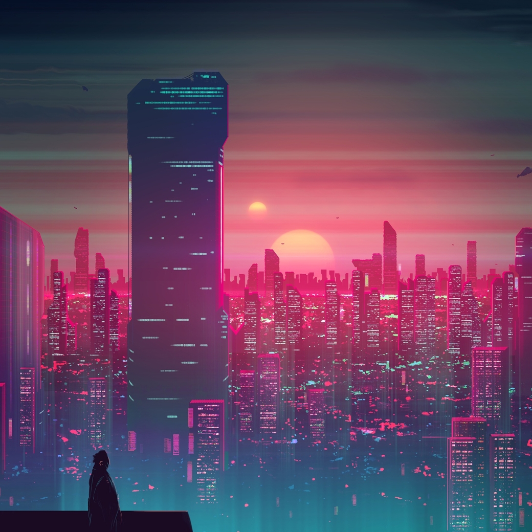 Retro wave sci fi city at sunset by Josef Bartoň