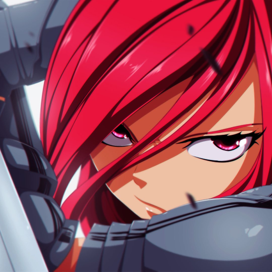 Anime Fairy Tail forum avatar: close-up of a red-haired armored mage with a fierce, determined gaze.