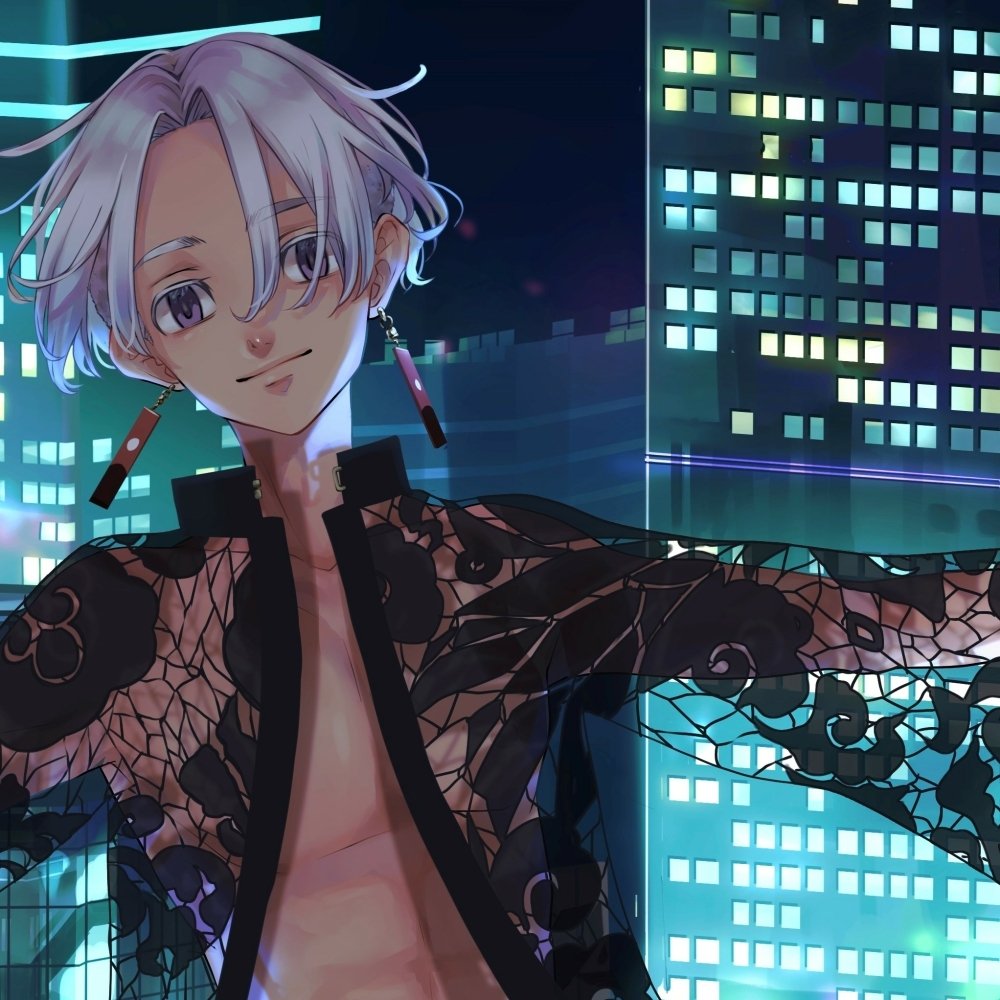 Anime-style Tokyo Revengers character with white hair and open floral jacket, set against a vibrant cityscape at night, used as a forum avatar.
