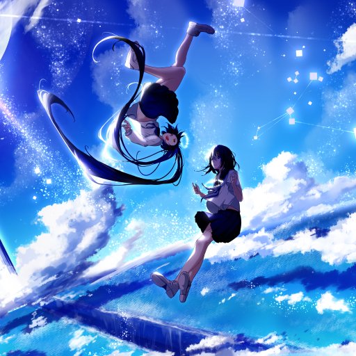 Anime forum avatar of two girls floating in a luminous blue sky with clouds and pixelated stars — one upside-down with long black hair and a flower, the other reaching toward her.