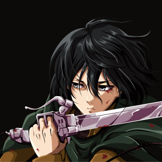 Anime-style profile photo of a character from Attack on Titan holding a blood-stained sword, set against a dark background.