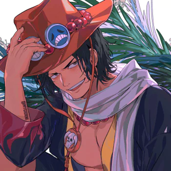 Anime forum avatar/pfp of One Piece's Portgas D. Ace — smirking in his signature red hat, beaded necklace and open coat, palm leaves in the background.