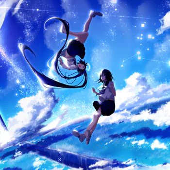 Anime forum avatar of two girls floating in a luminous blue sky with clouds and pixelated stars — one upside-down with long black hair and a flower, the other reaching toward her.