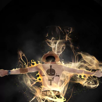 Forum avatar/pfp: One Piece anime — straw-hatted pirate Luffy from behind, arms outstretched amid swirling golden flames and smoky aura.