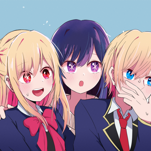 Anime Oshi no Ko forum avatar: close-up of three characters in school uniforms — two blondes and a dark-haired girl with star-shaped eyes, all with cheerful expressions.