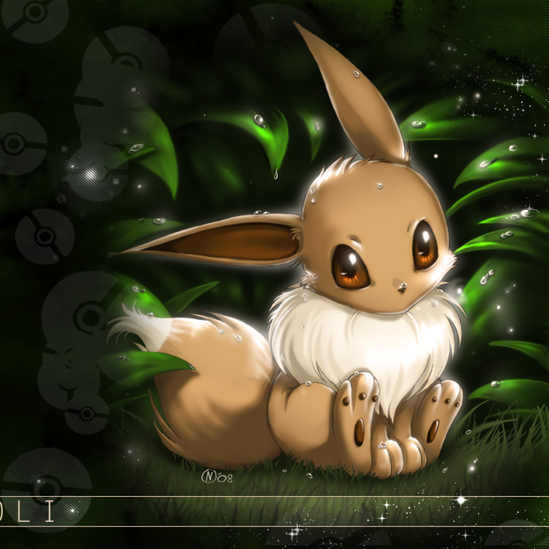 Anime Pokémon Eevee forum avatar/pfp: cute Eevee curled on grass with soft fur, big brown eyes and glowing green leaves and sparkles in the background.