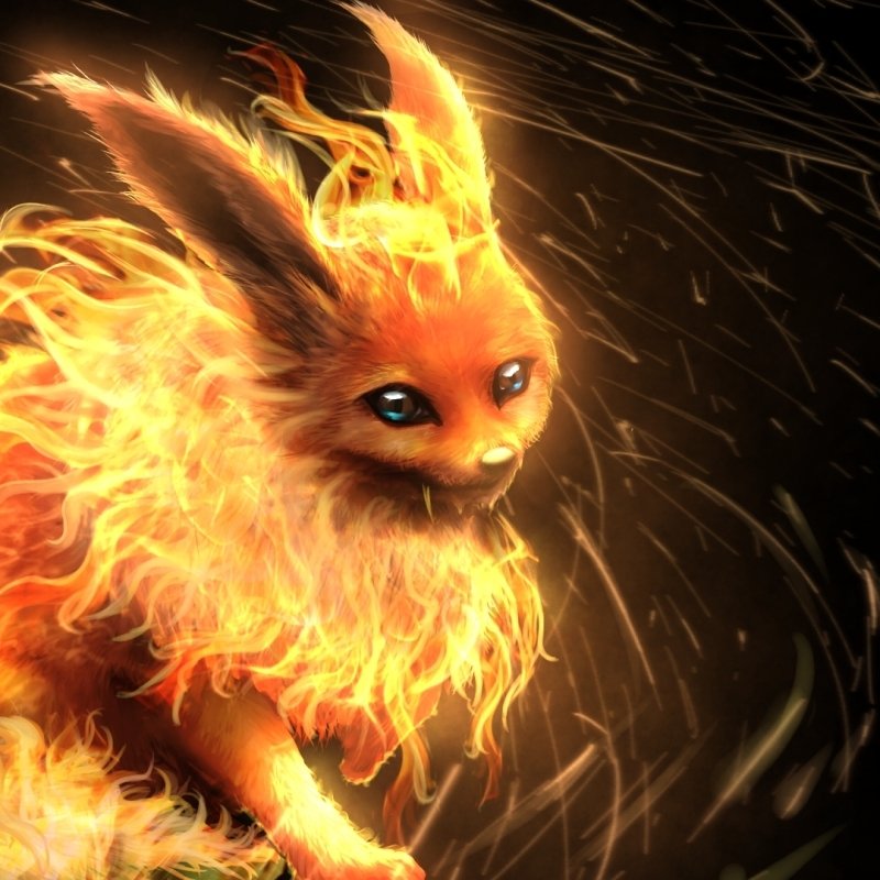 Anime-style profile image of Eevee from Pokémon, depicted with fiery fur and glowing blue eyes against a dark, dynamic background.