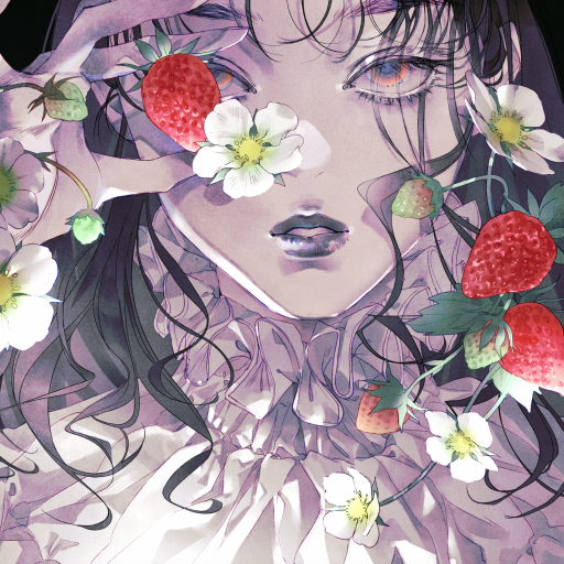 Anime-style girl with flowing dark hair surrounded by strawberries and white flowers, rendered in a soft, detailed artistic style for a forum avatar.