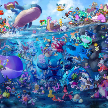 Vibrant anime-style Pokemon artwork featuring numerous water-type Pokemon swimming and interacting in an ocean scene, used as a colorful forum avatar.