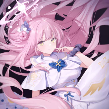 Pink-haired Blue Archive character in a white sailor-style outfit, flowing hair and yellow eyes, rendered as a forum avatar/pfp/profile photo for a video game fan.