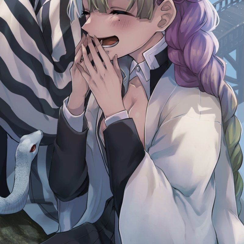 Anime-style profile avatar featuring Mitsuri Kanroji from Demon Slayer: Kimetsu no Yaiba, smiling with hands near her mouth and a white snake nearby.