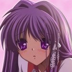 Clannad anime forum avatar — close-up of a long purple-haired girl with violet eyes and lace hair ribbons against a soft pink background.