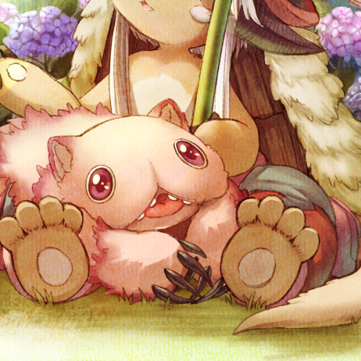 Cute anime creature from Made in Abyss grins playfully, sitting on grass with flowers and a character's legs visible in the background, used as a forum avatar.